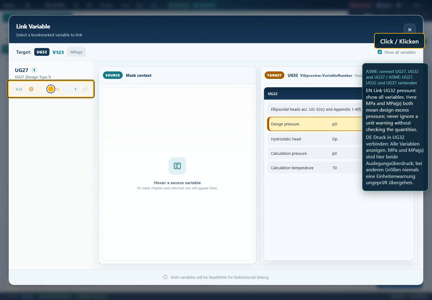 ASME context capture of the link dialog showing source, target, unit warning and ReadWrite notice.